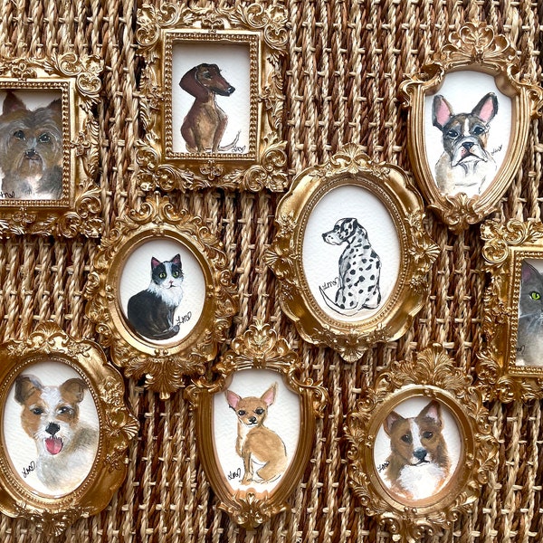 Mini paintings, Pet Portraits, vintage mini ornate frame, gallery wall art, dog paintings, cat paintings, mini dog painting, cat gifts, cats