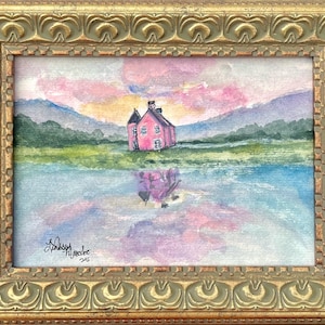 Original Watercolor Pink House Painting - Scottish Landscape Art - Gold Frame
