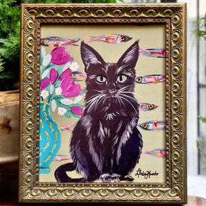 Black Cat Sardine Floral Print: Framed Kitty Painting with Gold Leaf