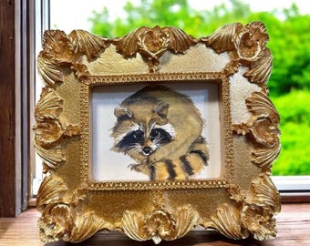 Raccoon print, MINI framed watercolor, tiny painting, vintage frame, gallery wall art, woodland cottagecore, nursery animal, farmhouse decor