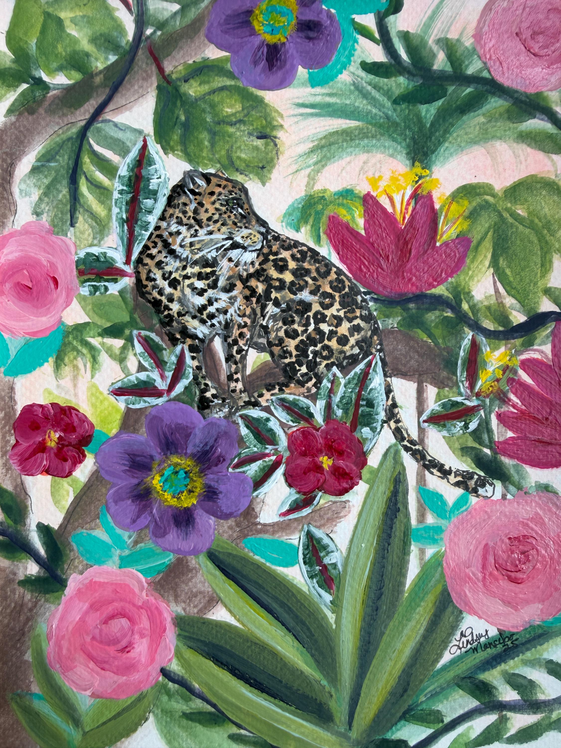 オリジナルのヒョウの絵画、額装済みミクストメディアファインアート