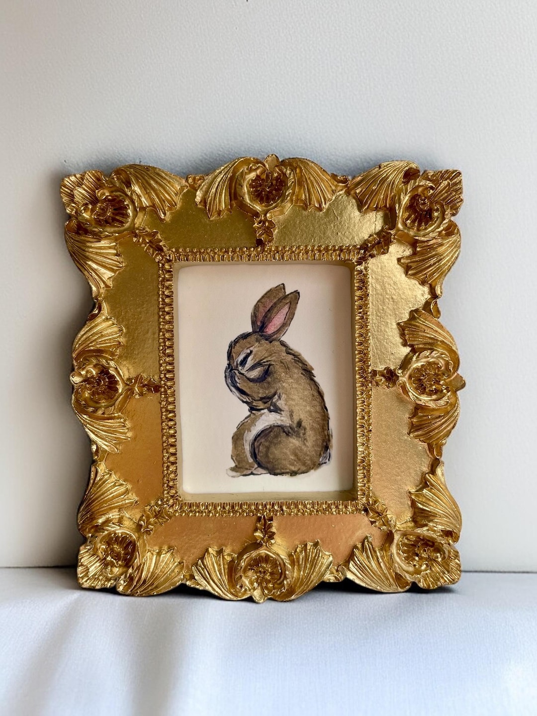 Small Rabbit Print Mini Rabbit Art Print Framed | Woodland Bunny Giclée | Ornate Gold Mini ...