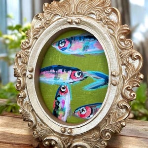 Mini Sardine Giclee Print: Whimsical Fish Painting in Gold Leaf Frame image 8