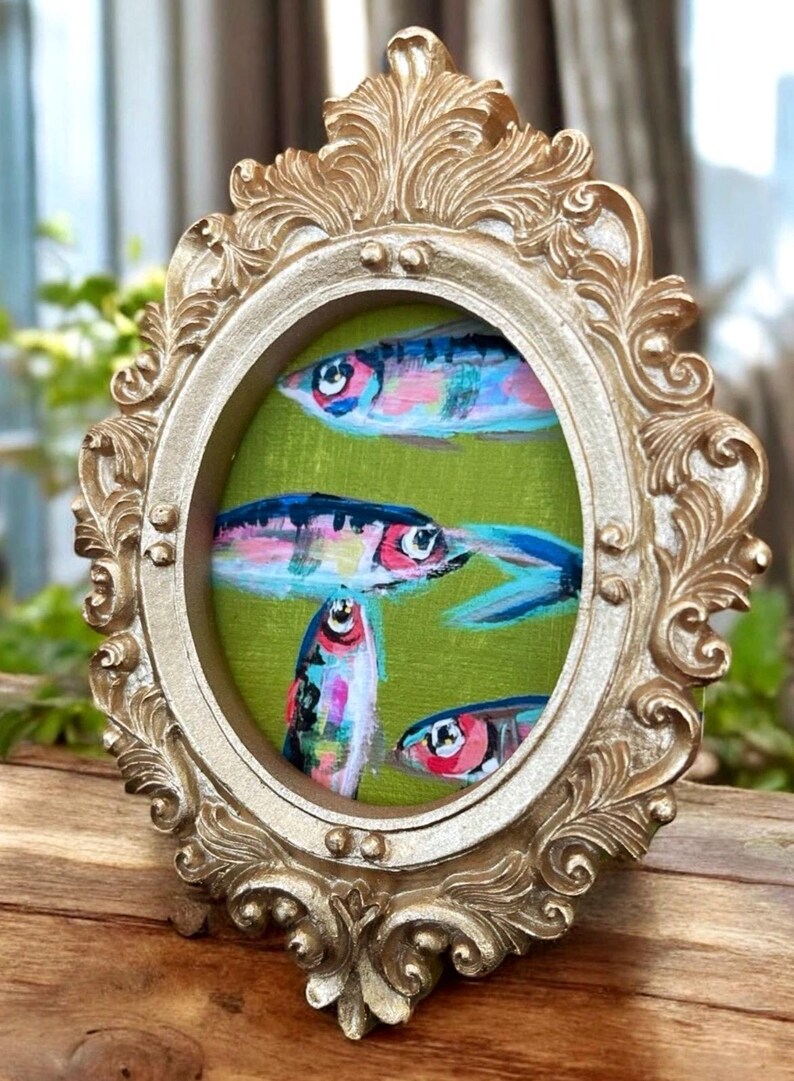 Mini Sardine Giclee Print: Whimsical Fish Painting in Gold Leaf Frame image 8