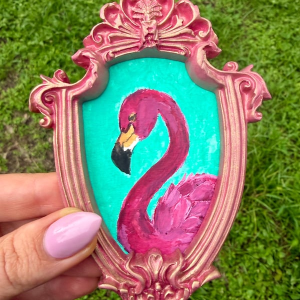Original Pink Flamingo Miniature Painting Framed – Pink Bird Art, Watercolor, Ornate Frame, One of a Kind