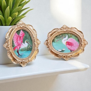 Ornate framed Spoonbill print, mini framed Roseate Spoonbill painting, tiny coastal wall art, cottagecore, pink bird, Florida gallery wall