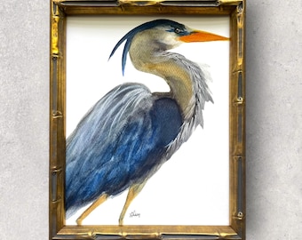 Great Blue Heron Watercolor Print | Frame Giclee Art | Bird Wall Decor | Coastal Nature Painting | Marsh Bird Illustration | wildlife Artist