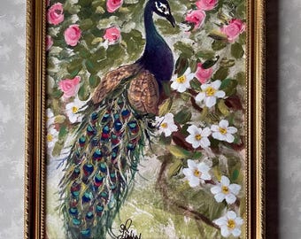 Peacock Floral Art Print | Hand Embellished Gold Leaf Giclée, Vintage Frame