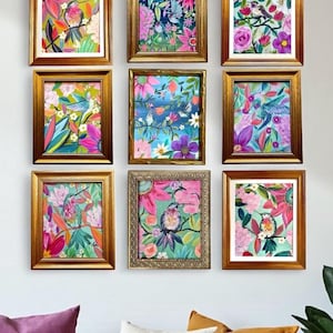 Hand-Embellished Hummingbird Giclee: Gold Accent Botanical Art Print - Bird Gallery Wall - Nature Paintings