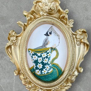 Miniature Titmouse Painting: Emerald Teacup, Gold Frame, Original Watercolor Art