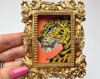 Mini Leopard Giclée Print in Ornate Gold Frame | Tiny Framed Animal Art | Tropical Jungle Decor | Collectible Miniature Wall Art | Signed