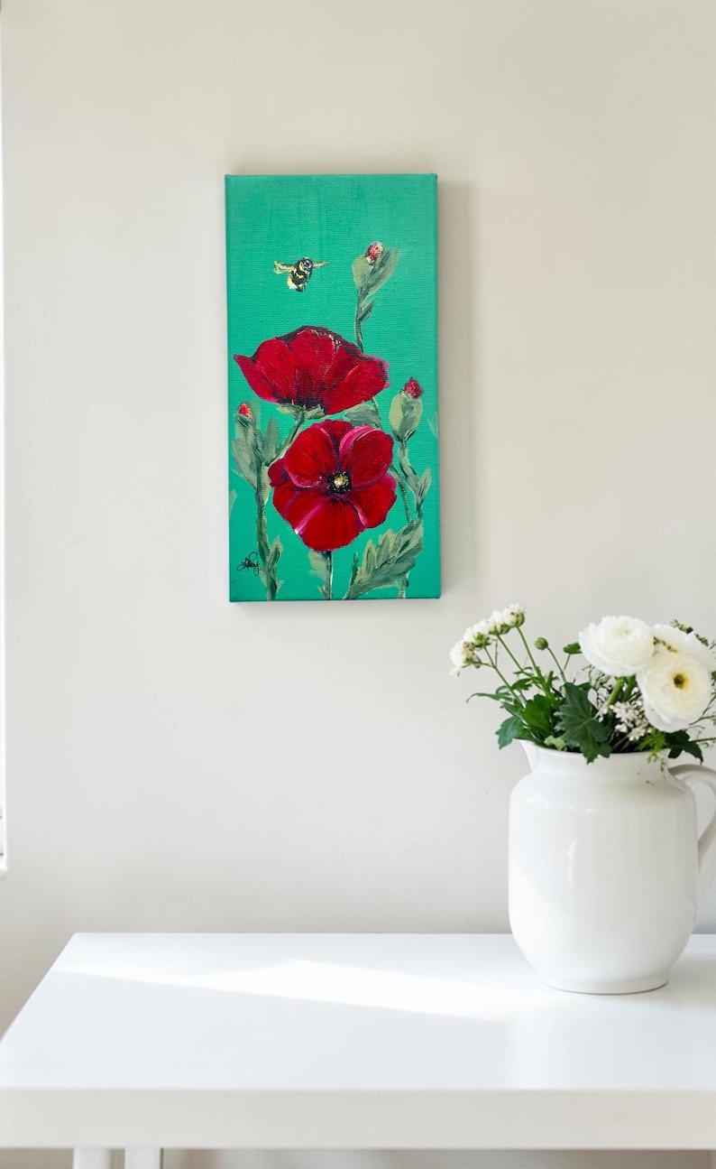 Poppies & Pollinators Original Acrylbild auf Leinwand | Roter Mohn ...