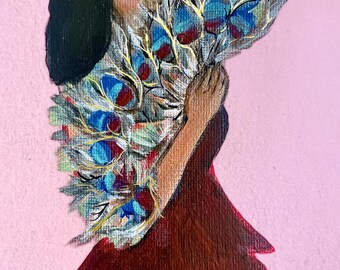 Peacock Woman Giclee Print: Gold Oil Accents, Vintage Style Art (8x10”)