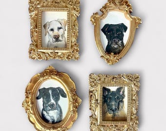 Custom Pet Portrait Mini Framed Art, Hand Painted Dog Portrait from Photo, Ornate Gold Frame Pet Painting, Pet Memorial Gift, Small Original
