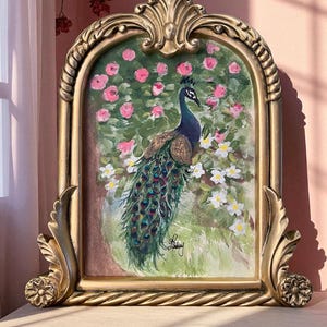 Peacock Watercolor Painting in Ornate Gold Frame: Victorian Garden Wall Art