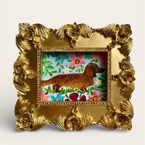 Miniature Framed Dachshund Botanical Art: Vintage Style Doxie Print