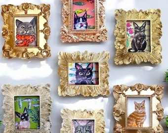 Tiny Framed Cat Print: Original Pet Portrait in Gold Leaf Frame