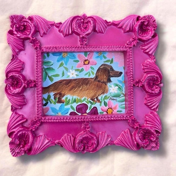 Miniature Dachshund Portrait: Botanical Doxie Art in Vintage-Style Frame
