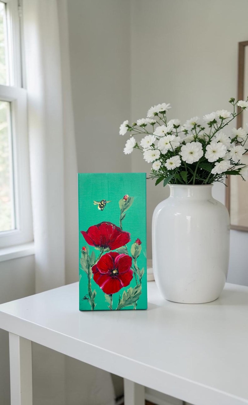 Poppies & Pollinators Original Acrylbild auf Leinwand | Roter Mohn ...