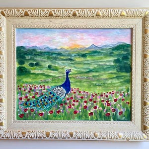 Original Peacock Painting: Vintage Framed Floral Landscape Art (22x26) - ORIGINAL Watercolor