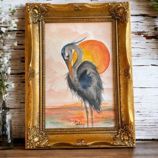 Peinture de grand héron, échassiers, art original d'aigrette, peinture de paysage marin de coucher du soleil, oiseaux de verre de mer, cadre vintage, art d'aquarelle d'oiseau