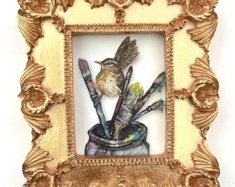 Mini Carolina Wren Art Print • Framed Watercolor Bird Giclée • Cottagecore Nature Wall Decor
