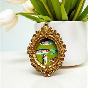 Mini Sardine Giclee Print: Whimsical Fish Painting in Gold Leaf Frame image 2