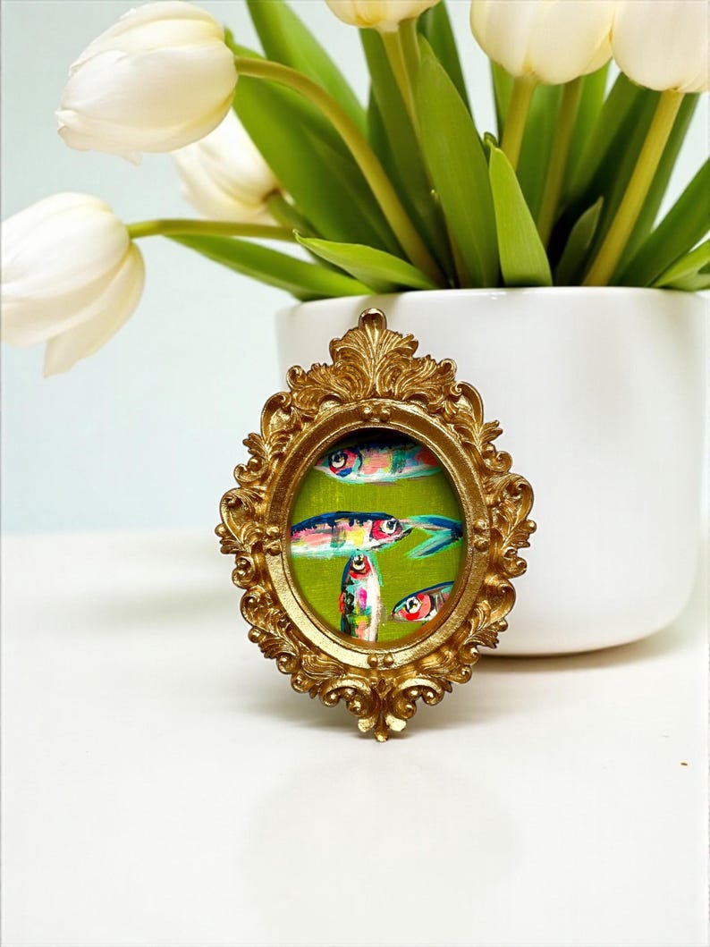 Mini Sardine Giclee Print: Whimsical Fish Painting in Gold Leaf Frame image 2
