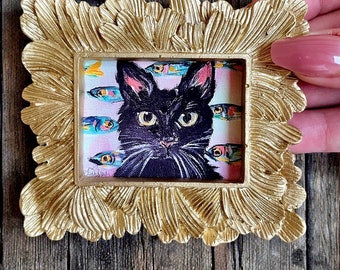 Black Cat & Sardines Giclée Print – Miniature Whimsical Cat Lover Wall Art | Floral Pet Portrait Style | Vintage Framed tiny Fine Art Print