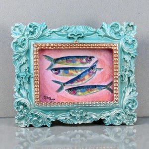 Mini Framed Sardine Giclée Print – Coastal Watercolor Art in Aqua Ornate Frame or Gold Vintage Frame, Whimsical Ocean Home Decor