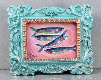 Mini Framed Sardine Giclée Print – Coastal Watercolor Art in Aqua Ornate Frame or Gold Vintage Frame, Whimsical Ocean Home Decor