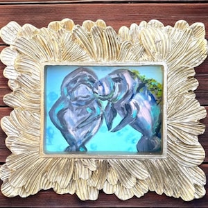 Manatee Art Print: Mini Framed Giclee Painting in Gold Resin