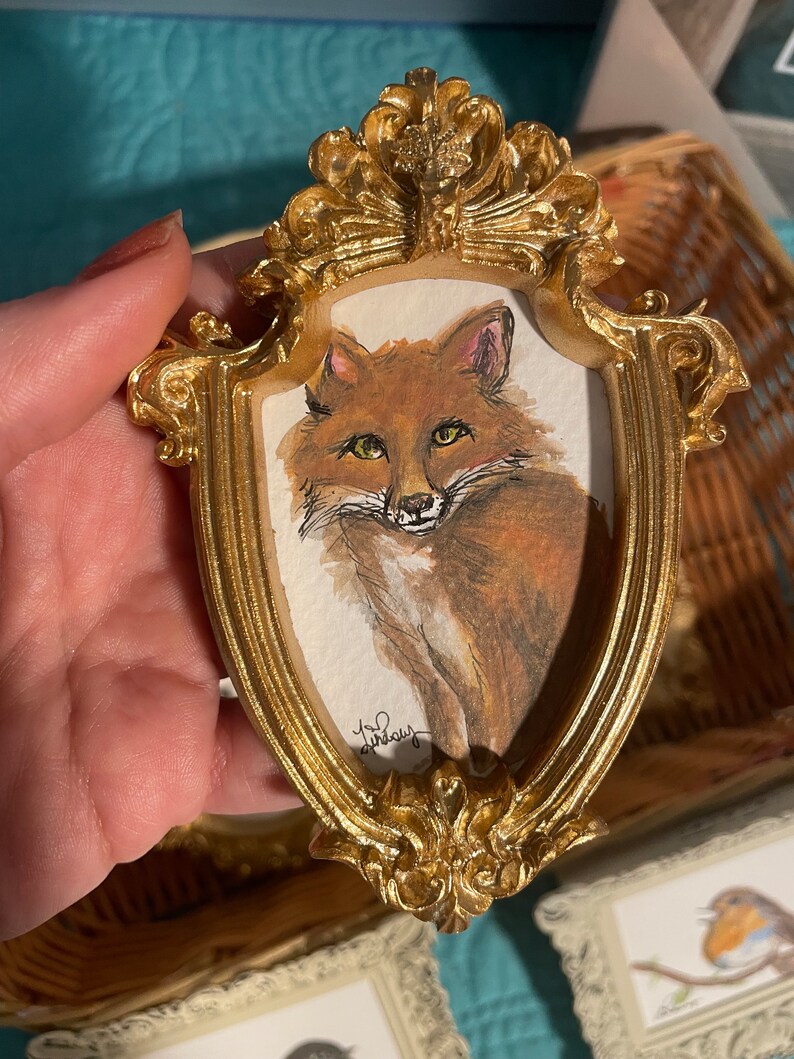 Woodland Animal Collection, Miniature Framed Art, Framed Gold Ornate Wall Art Painting, Fox Gift