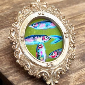 Mini Sardine Giclee Print: Whimsical Fish Painting in Gold Leaf Frame image 7