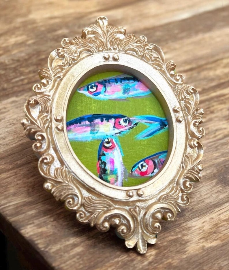 Mini Sardine Giclee Print: Whimsical Fish Painting in Gold Leaf Frame image 7