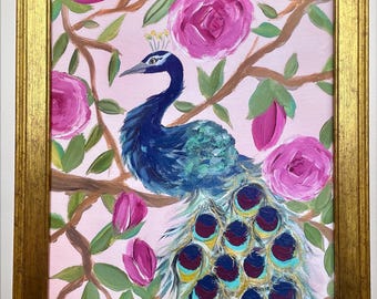 Floral Peacock Giclee Print - Gold Leaf Embellished - Framed Wildlife Art