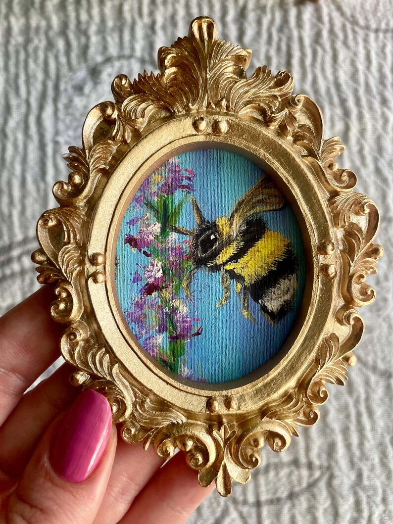 Mini Framed Bumble Bee Giclée Print – Watercolor Bee Art in Ornate Gold ...