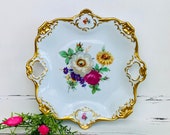 Alka Kunst Bavarian Porcelain Meissen Style Tray or Plate, Antique Floral Dish with Ornate Gold Trim