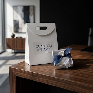 Può includere: Un sacchetto regalo in carta bianca con manico fustellato e il testo QUANTUM DYNAMIC stampato in blu scuro, accompagnato da una piccola scatola regalo quadrata bianca legata con un nastro blu scuro, un accento di perla e un'etichetta QUANTUM DYNAMIC.