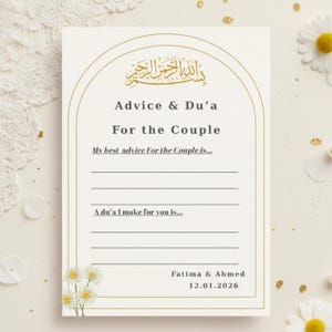 May include: Cream-colored advice card with gold calligraphy and text. The card reads "Advice & Du'a For the Couple" and includes space for advice and a prayer. The names Fatima & Ahmed and the date 12.01.2026 are at the bottom.