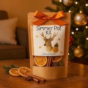 May include: A brown paper pouch labeled Simmer Pot Kit with a deer illustration, orange slices, and stars. The pouch is topped with an orange ribbon and contains dried orange slices, cinnamon sticks, and star anise visible through a clear window.