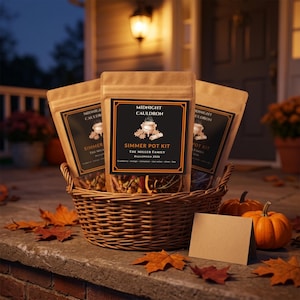May include: Three brown paper pouches labelled Midnight Cauldron Simmer Pot Kit The Miller Family Halloween 2026 containing dried fruit and spices, arranged in a woven wicker basket with a blank rectangular card and two small orange pumpkins.