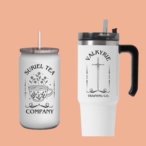 Suriel Tea Company on a glass can cup and valkyrie training co on a tumbler