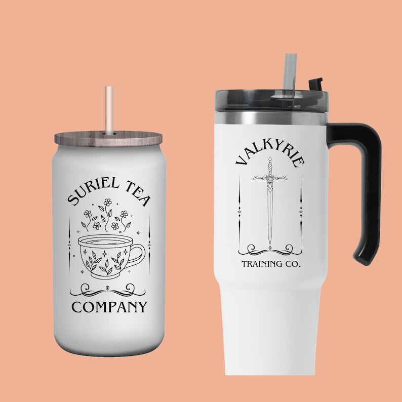 Suriel Tea Company on a glass can cup and valkyrie training co on a tumbler