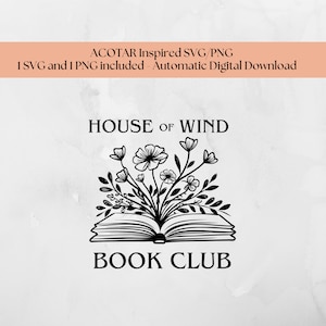 Puede incluir: Ilustración en blanco y negro de un libro abierto con flores que salen de él. El texto "HOUSE OF WIND BOOK CLUB" está debajo del libro.