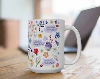 Floral Catholic Mug | English & Latin Names of Mary, Virgin Titles