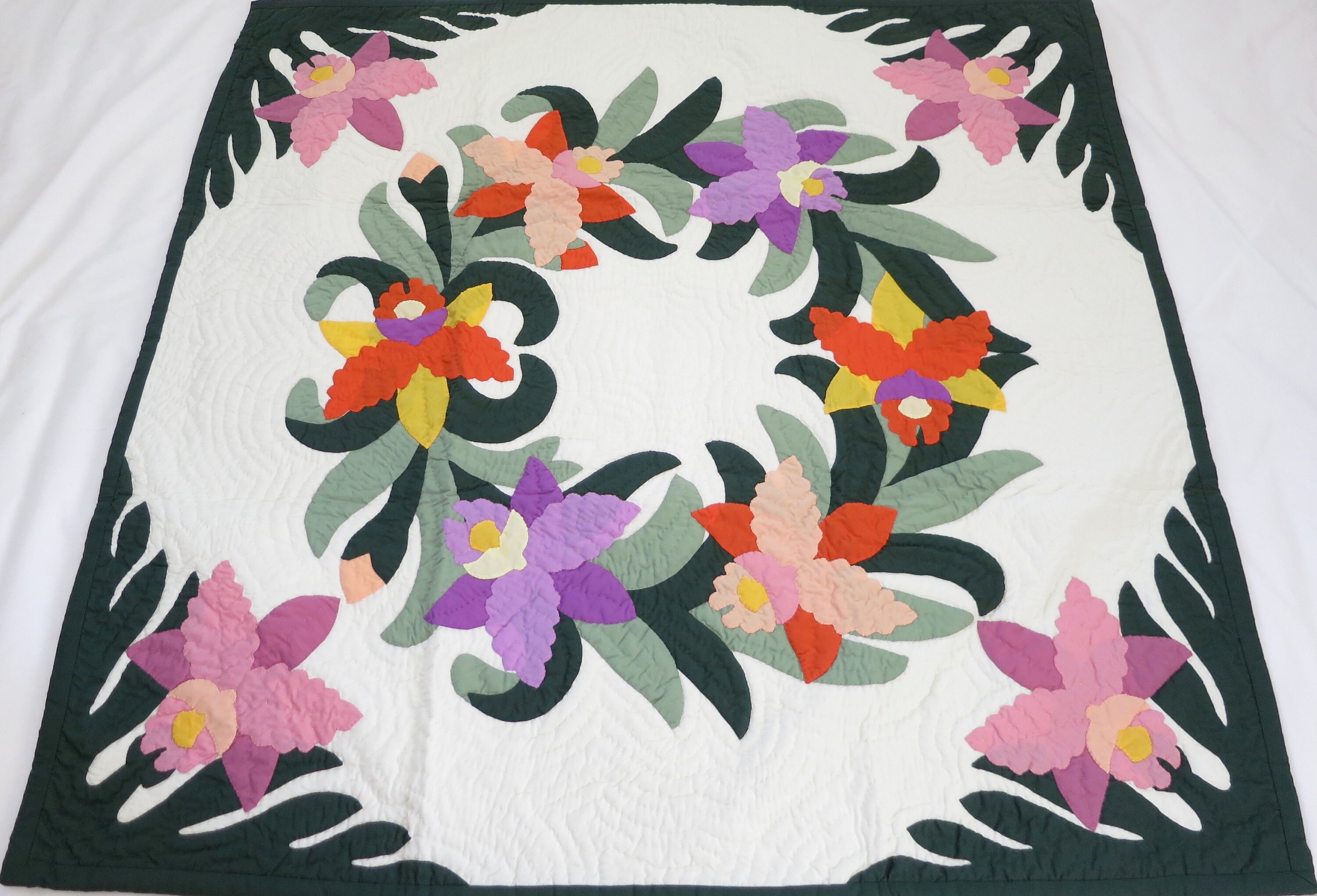 Hawaiian Quilts, Wall Hanging, Baby Crib Blanket, Hand Quilted and Hand Appliqued 42"x42"