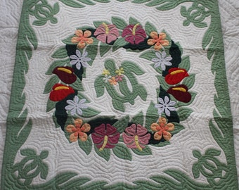 Hawaiian Quilts, Wall Hanging, Baby Crib Blanket, Hand Quilted and Hand Appliqued 42&quot;x42&quot;