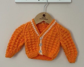 Orange hand knitted personalised cardigan NEWBORN