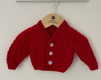 Red hand knitted personalised cardigan NEWBORN